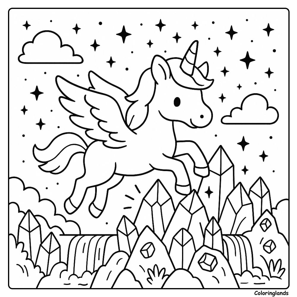 Coloriage licorne avec des ailes parmi des cristaux étincelants et une cascade magique