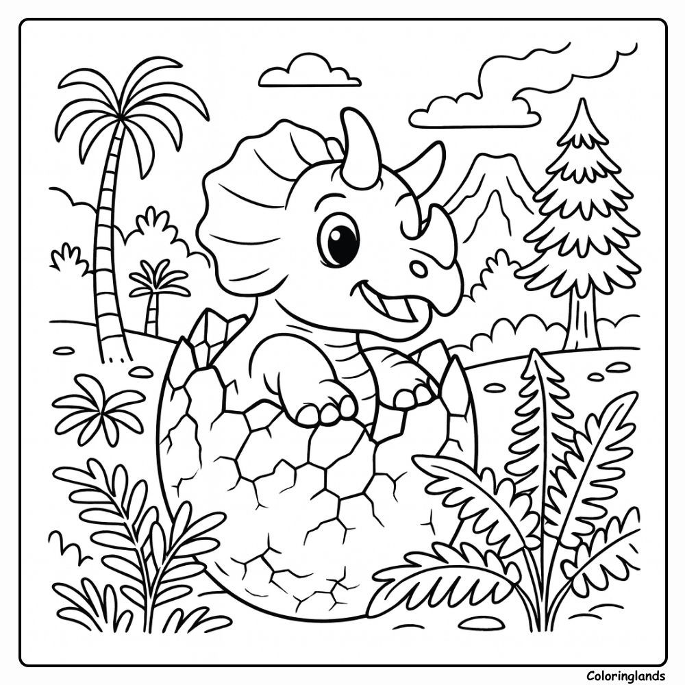 Page de coloriage : Œuf de tricératops éclos avec des fougères