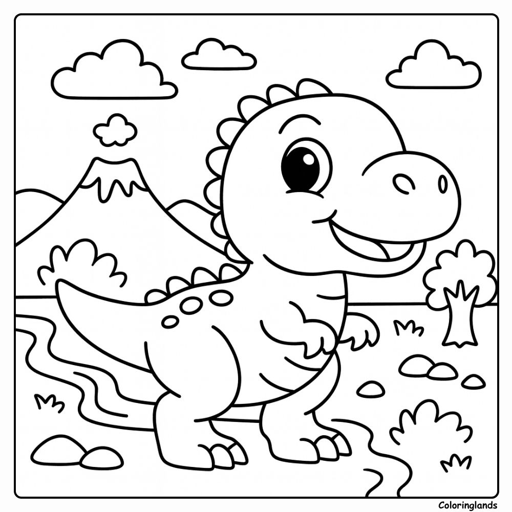 Page de coloriage bébé dinosaure t rex près du ruisseau et des collines