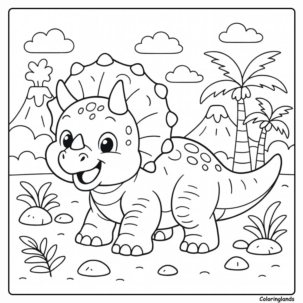 Page de coloriage bébé tricératops dinosaure dans les palmiers