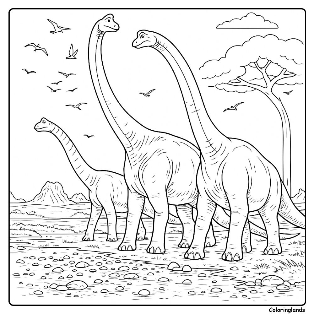 Page de coloriage de Baryonyx près des arbres, des oiseaux et d'une vaste étendue d'eau