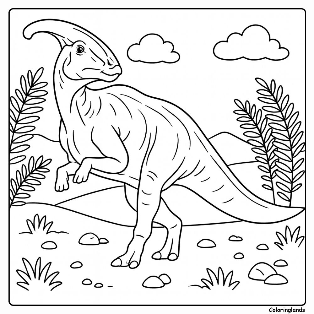 Page de coloriage de Parasaurolophus avec une longue crête dans une plaine ensoleillée