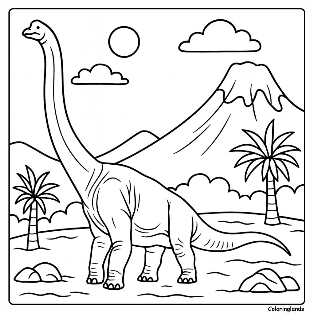 Page de coloriage de brachiosaure avec de longs cous, des arbres et des oiseaux