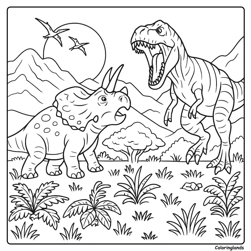 Page de coloriage de dinosaures avec t rex et tricératops en pleine montagne