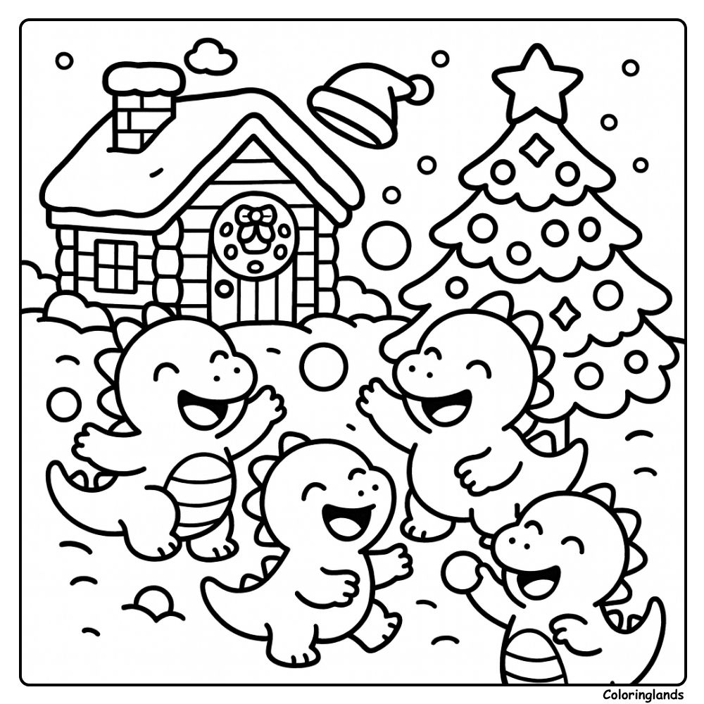 Coloriages de dinosaures de Noël avec cabane, arbre et neige