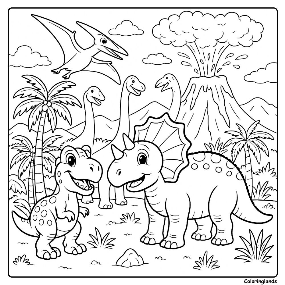 Page de coloriage de dinosaures avec volcan en éruption et nuages