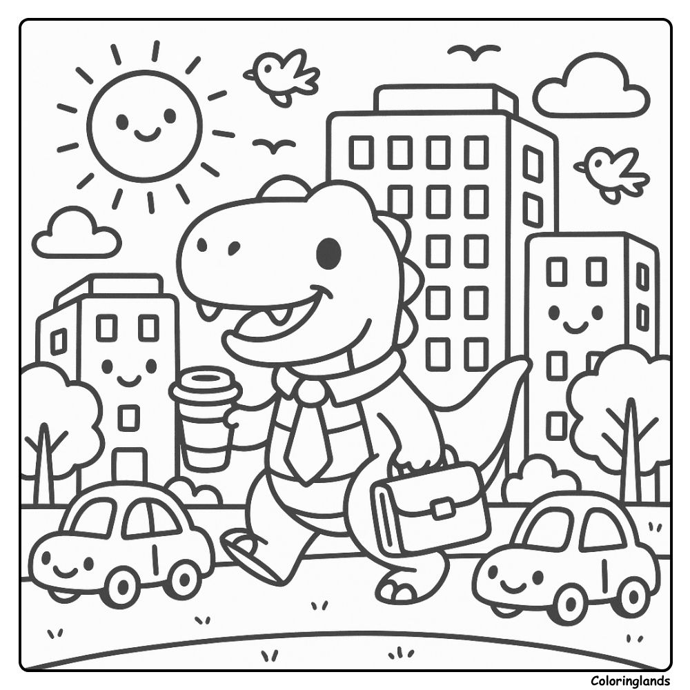 Page de coloriage d'un T-Rex mignon avec un soleil radieux, des voitures et de hauts immeubles