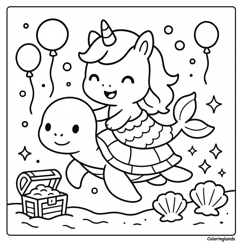 Image de coloriage : Sirène licorne nageant avec une tortue sous l'eau