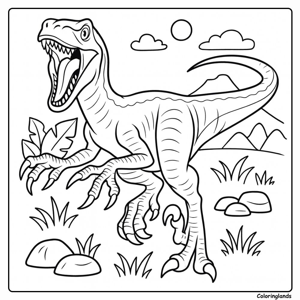 Page de coloriage de vélociraptor bleu en posture rugissante sous le soleil