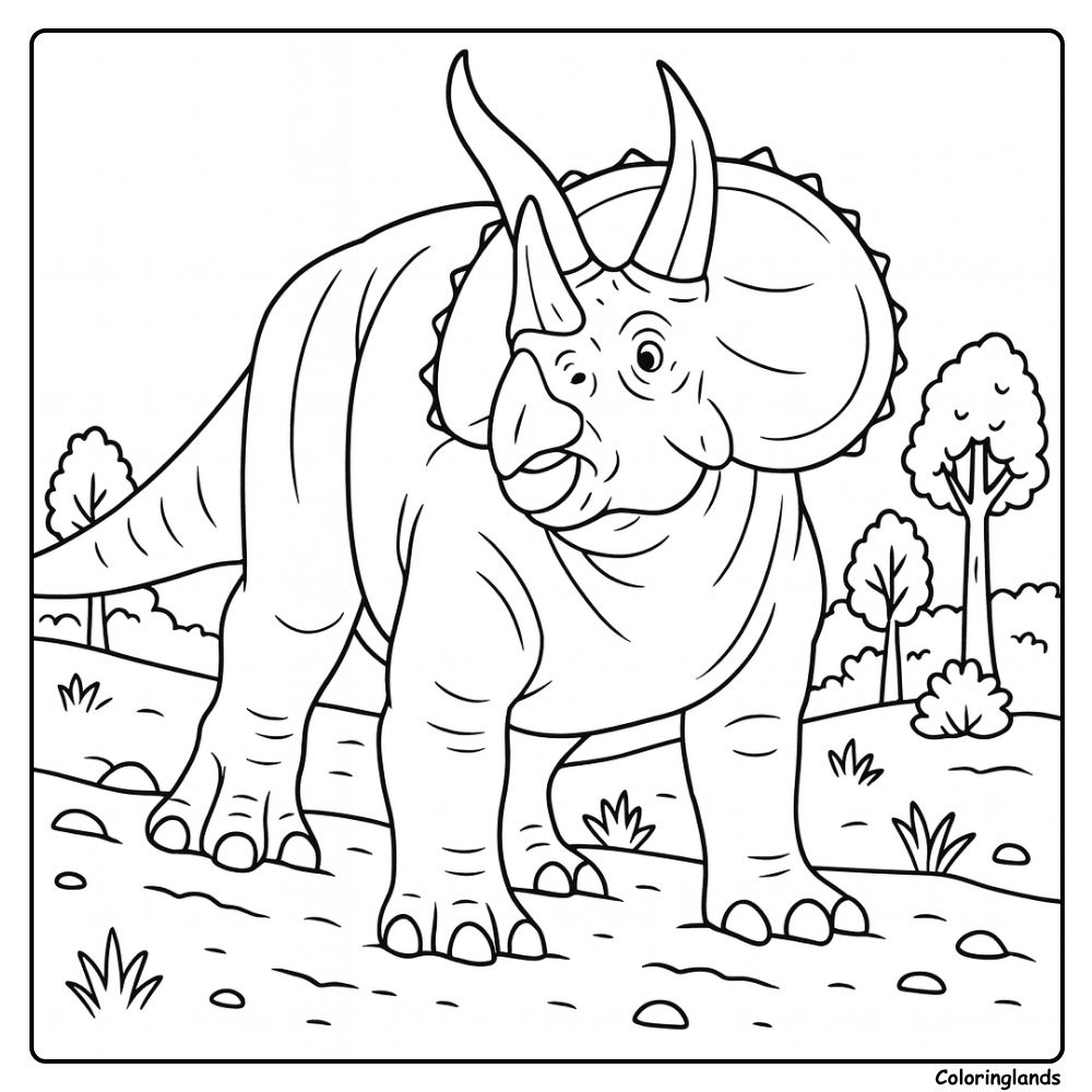 Pages de coloriage réalistes de Triceratops avec vue sur la vallée rocheuse
