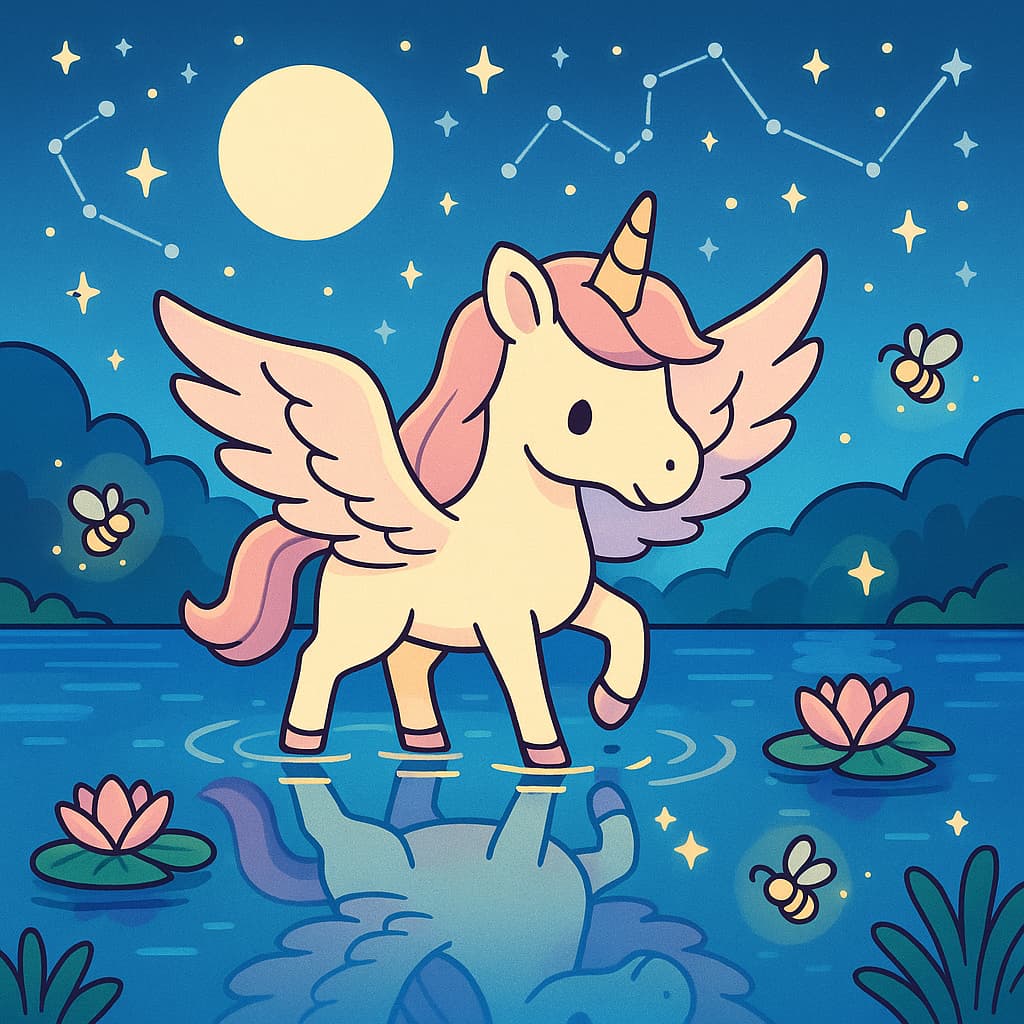 Idée de coloriage de licorne ailée étoilée sur un lac paisible au clair de lune