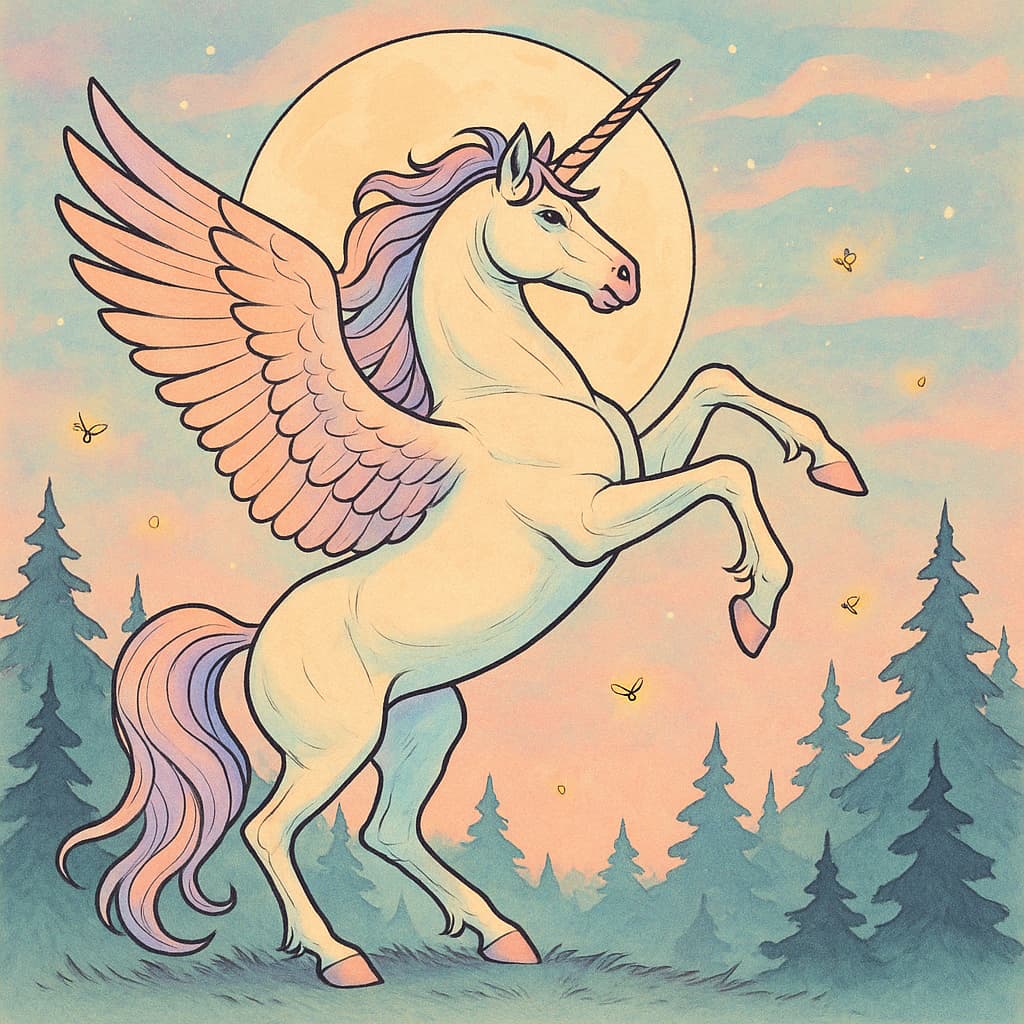 Idée de coloriage de licorne ailée réaliste au clair de lune