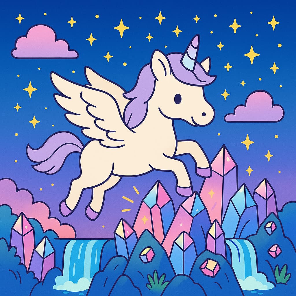 Idée de coloriage licorne ailée et cristaux étincelants
