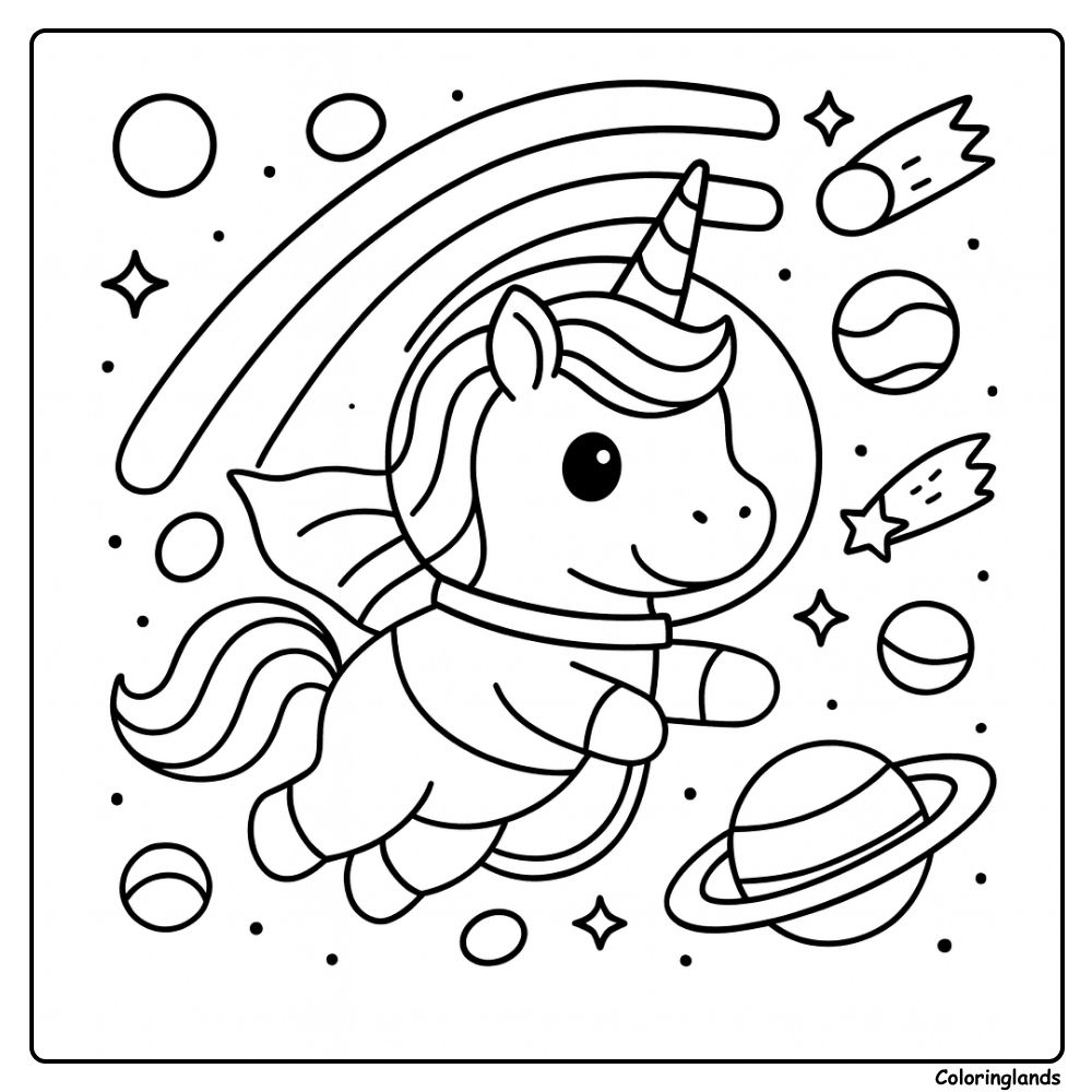 Coloriage licorne arc en ciel dans une galaxie étoilée