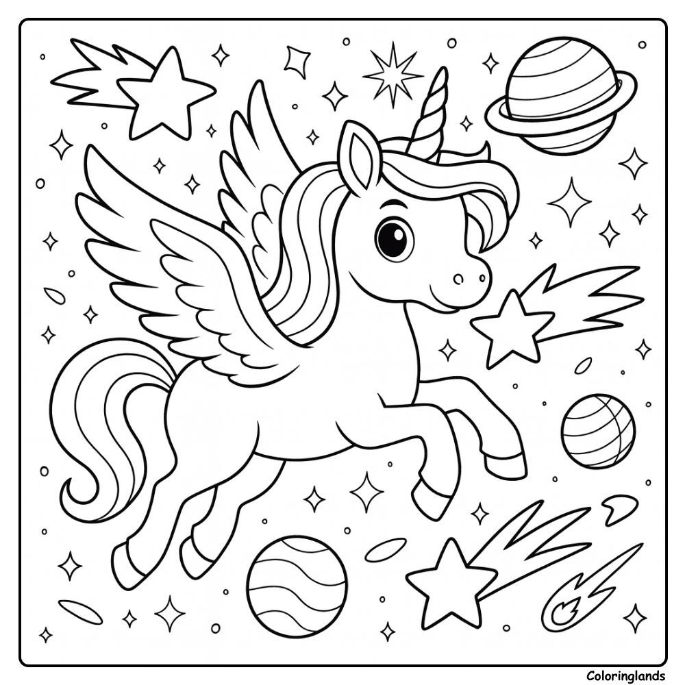 Coloriage licorne volante avec comètes et étoiles