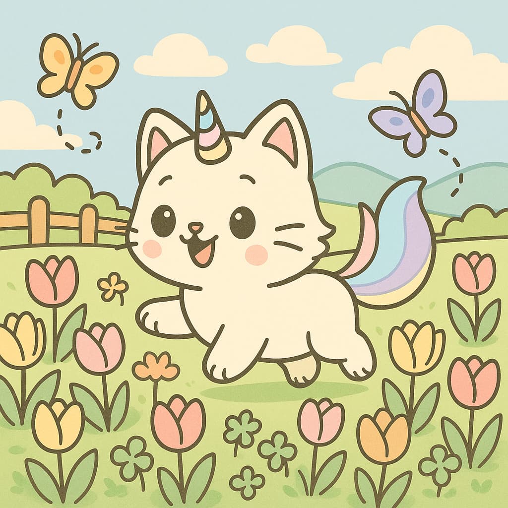 Dessin de chat licorne dans les tulipes avec des ailes