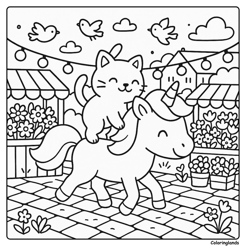 Scène joyeuse de lanternes avec colorier de licornes et de chat