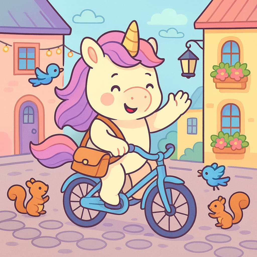 Licorne en ville pour enfants sur vélo bleu