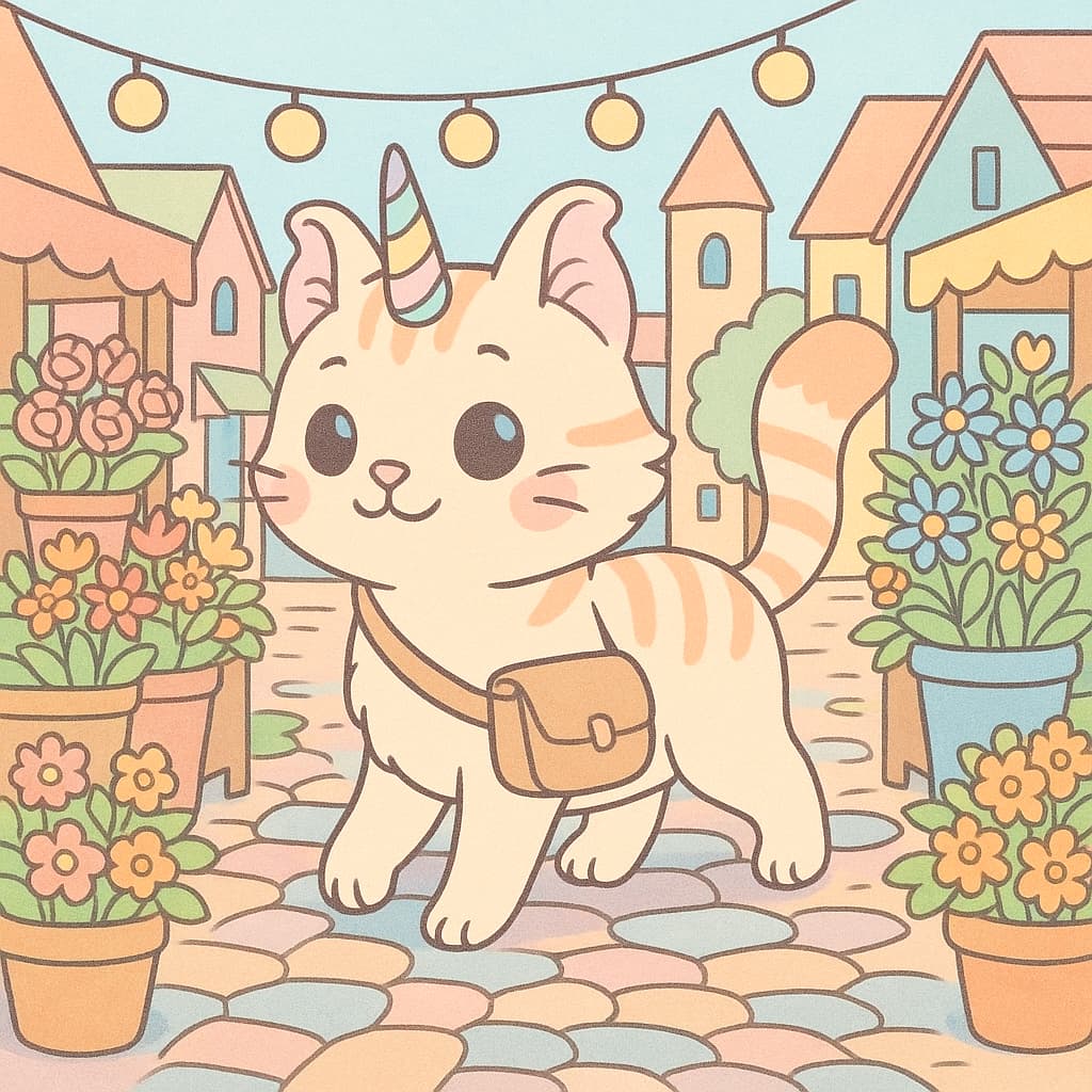 Dessin de chat licorne explorant une rue fleurie et accueillante