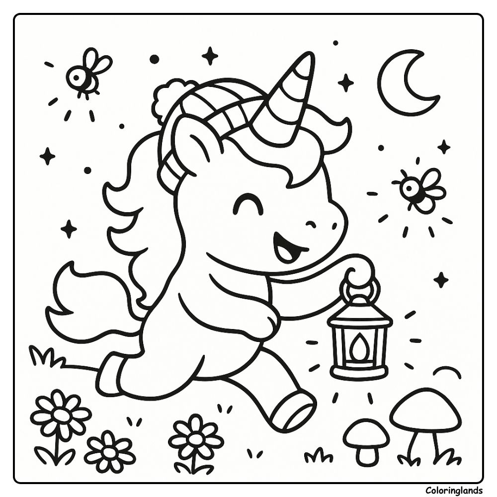 Coloriage enfant licorne sous les lucioles et chemin lunaire