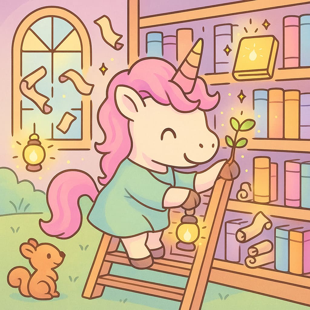 Licorne bibliothèque magique pour enfants avec une pousse