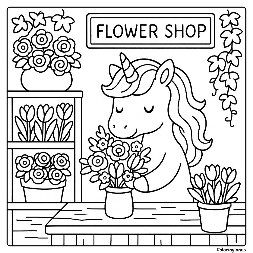 Page de coloriage enfant licorne organisant des fleurs