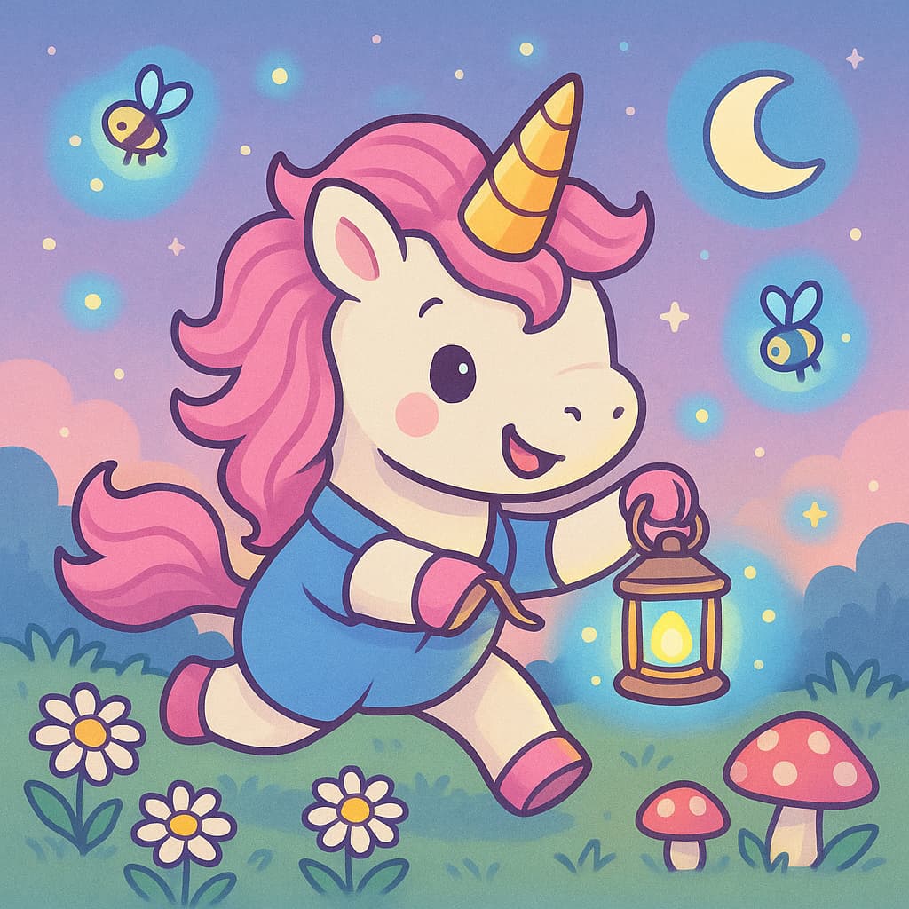 Aventure crépusculaire avec licorne sous les étoiles