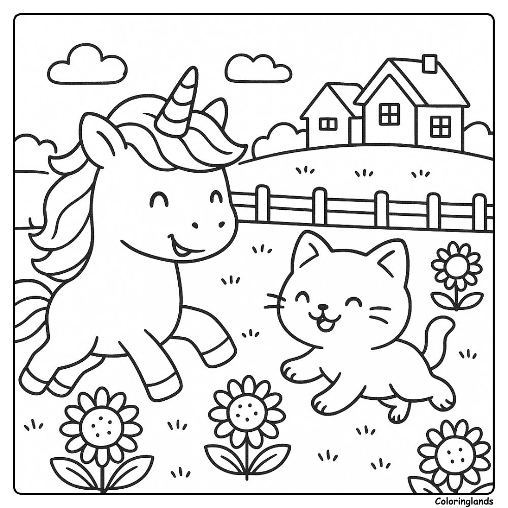 Page à colorier de licornes et de chat avec marguerites et cottages