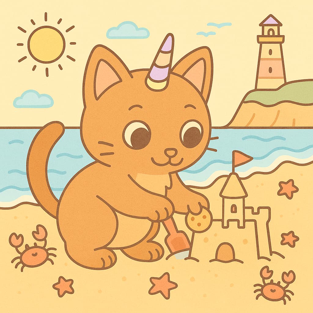 Dessin de chat licorne au bord de mer avec crabes et phare