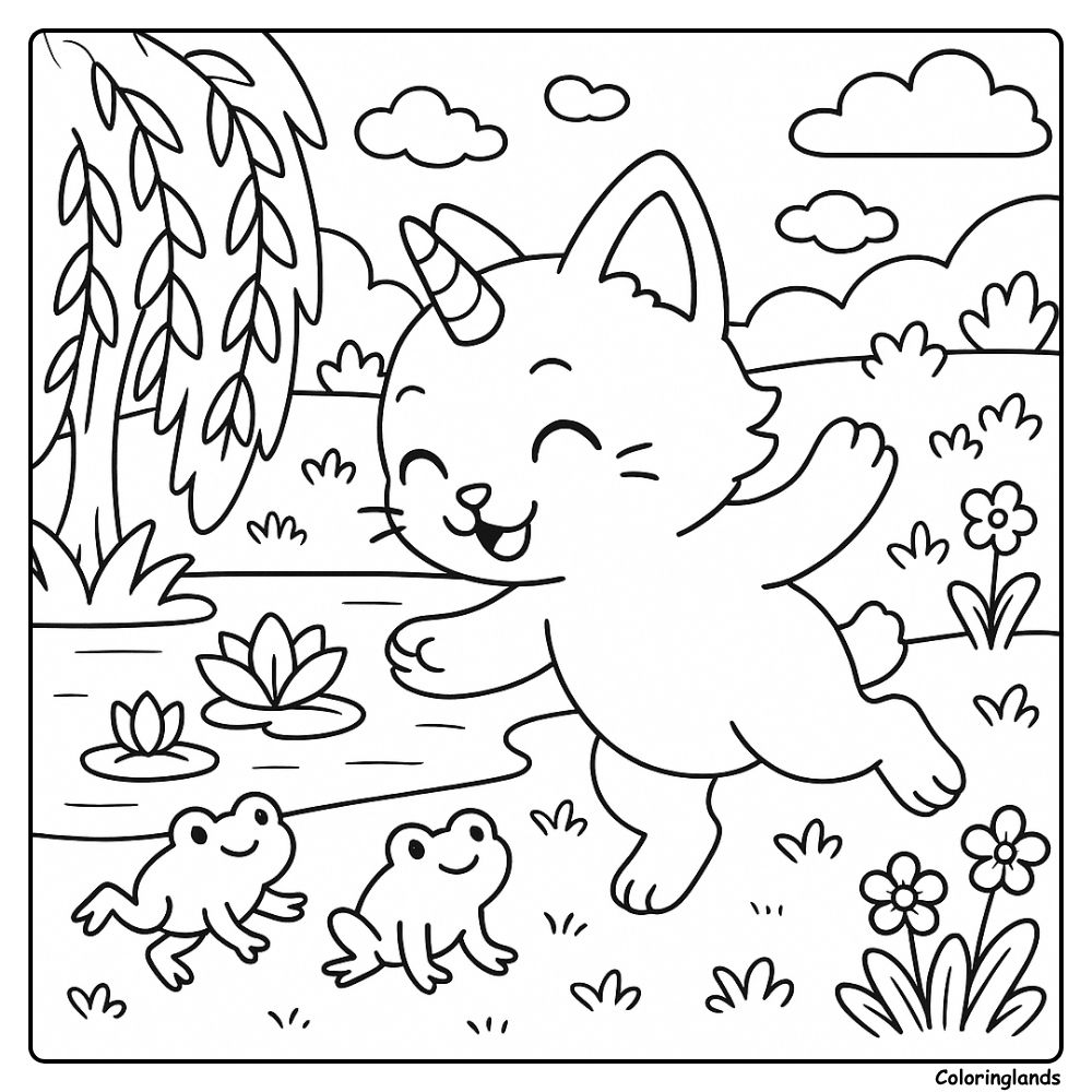 Coloriage chat licorne joyeux avec grenouilles et saule
