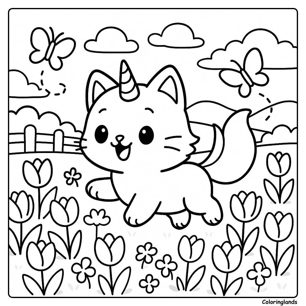 Coloriage chat licorne dans un champ de fleurs éclatantes