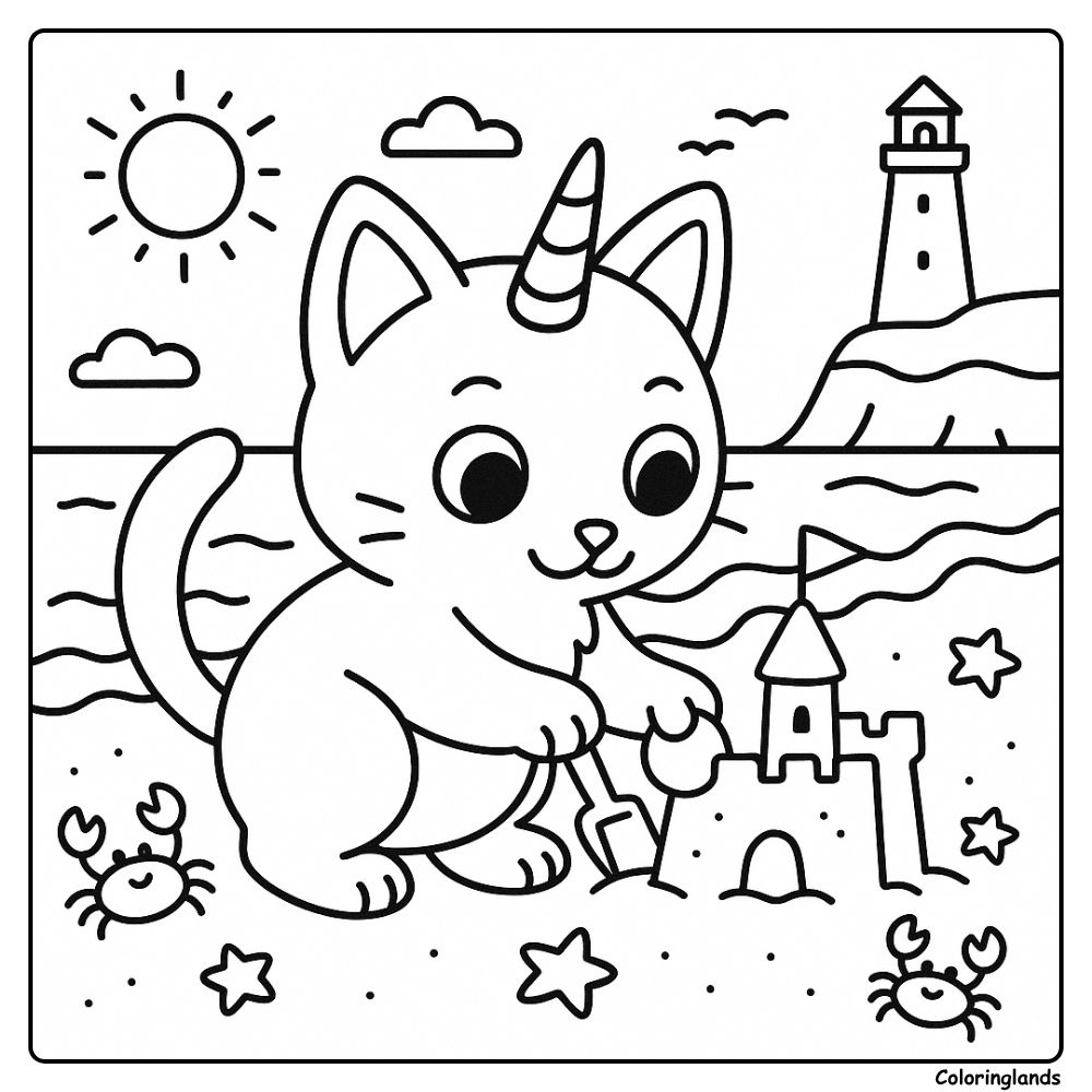 Coloriage chat licorne avec vagues, crabes, phare