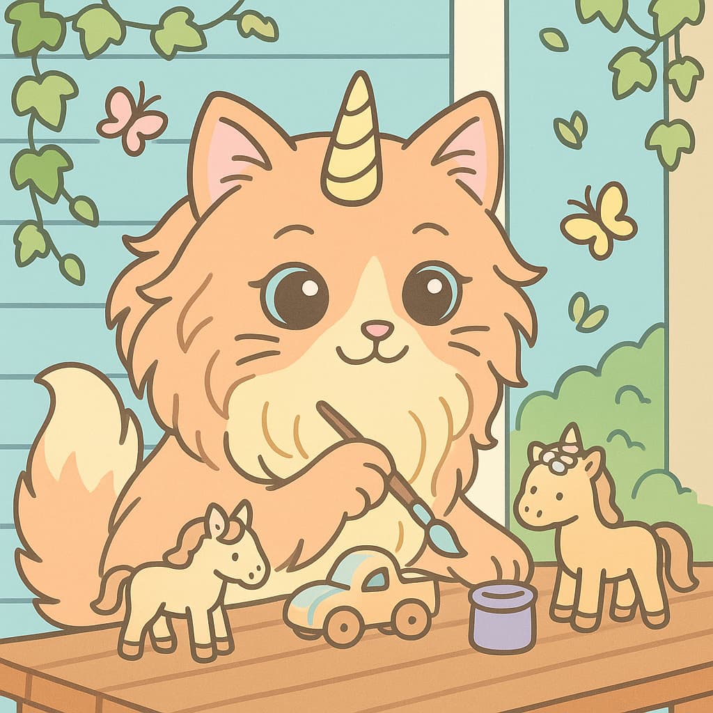 Dessin de chat licorne créant sur le porche avec des jouets
