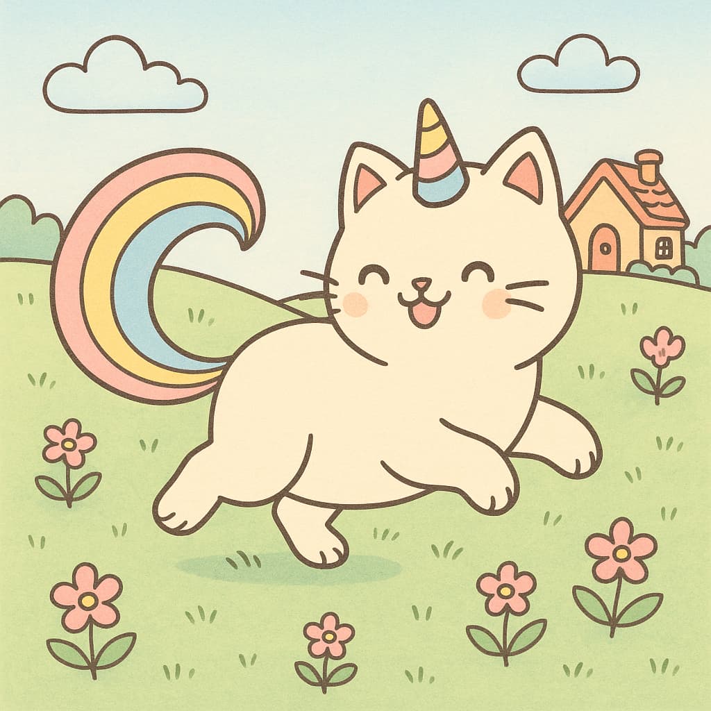 Dessin de chat licorne près d'un petit cottage