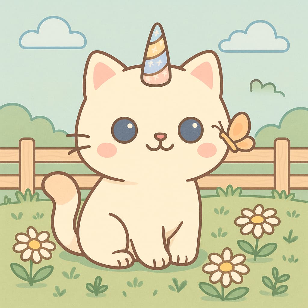 Dessin de chat licorne avec papillon dans un champ fleuri