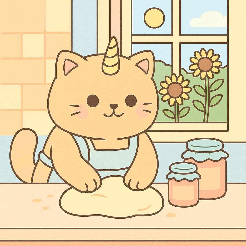 Dessin de chat licorne cuisinant près d'une fenêtre avec des tournesols