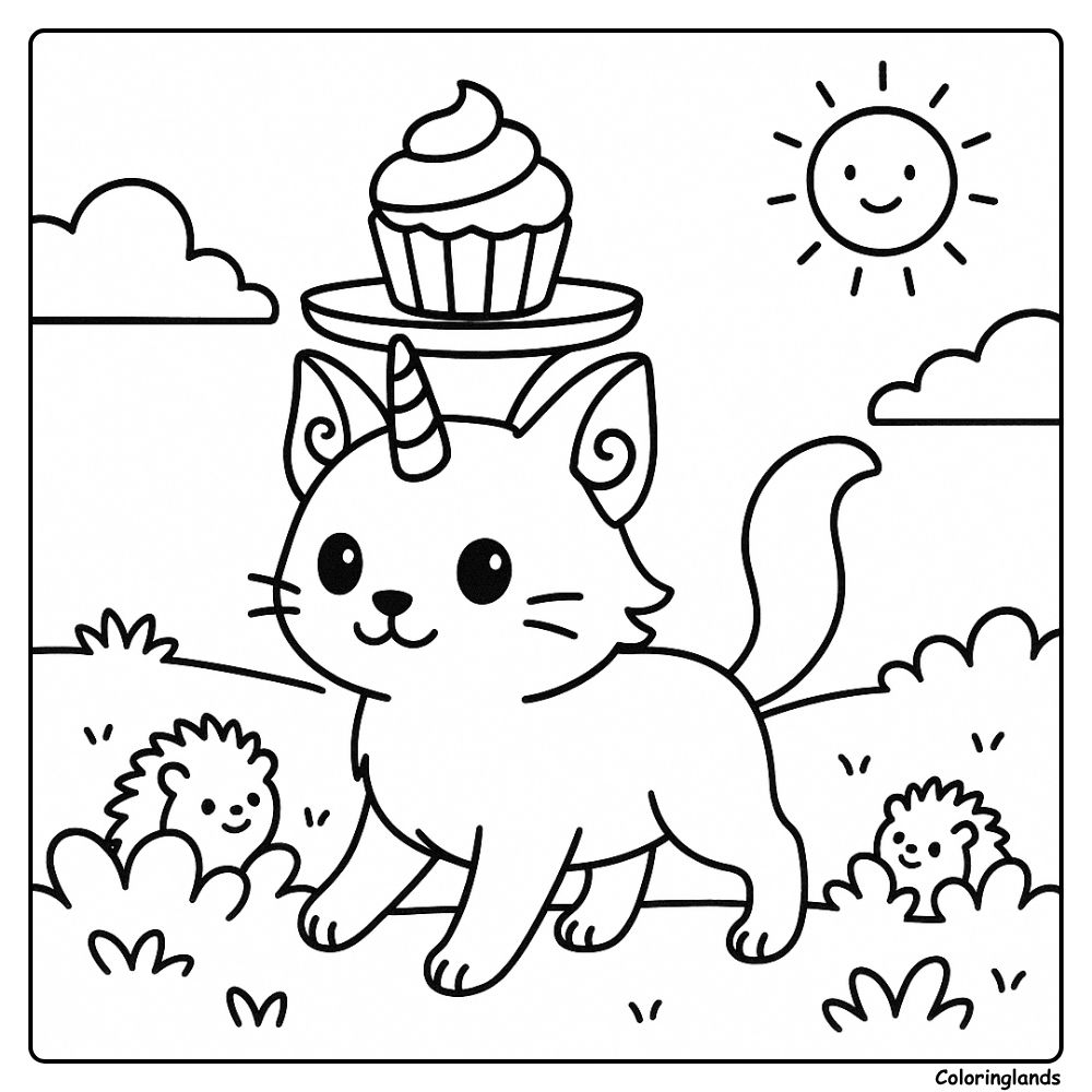 Coloriage chat licorne avec hérissons et soleil