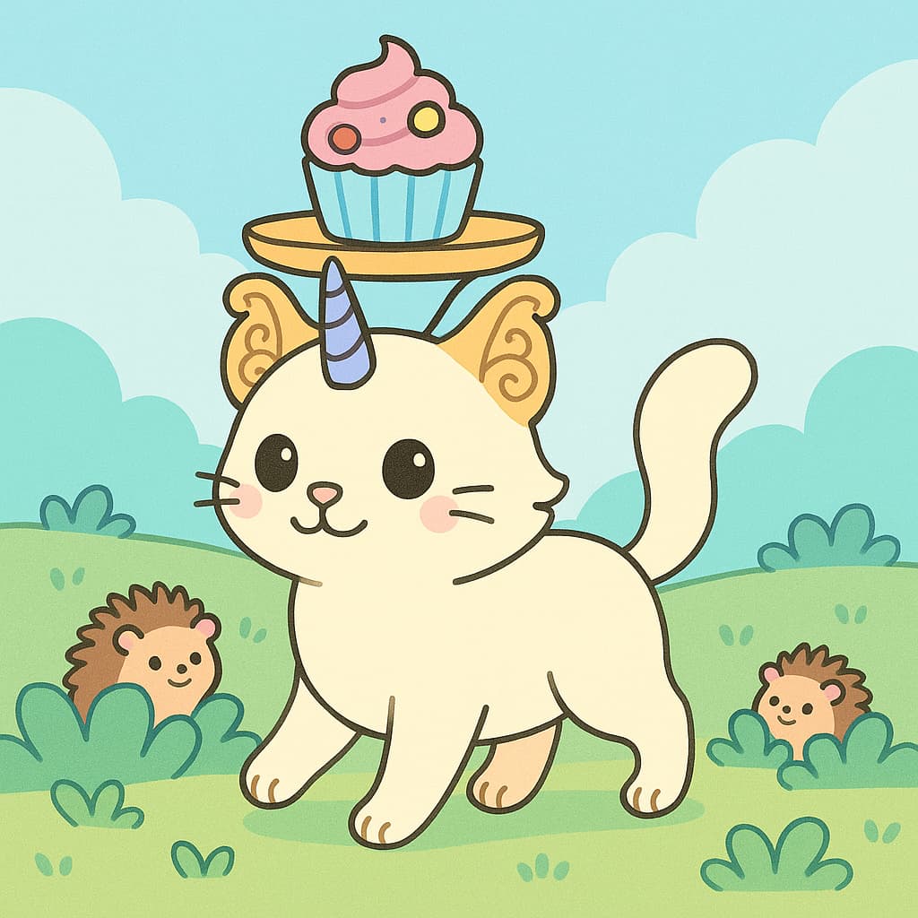 Dessin de chat licorne portant un cupcake