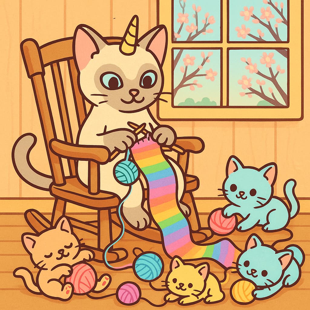 Dessin de chat licorne tissant des fils colorés avec des chatons espiègles