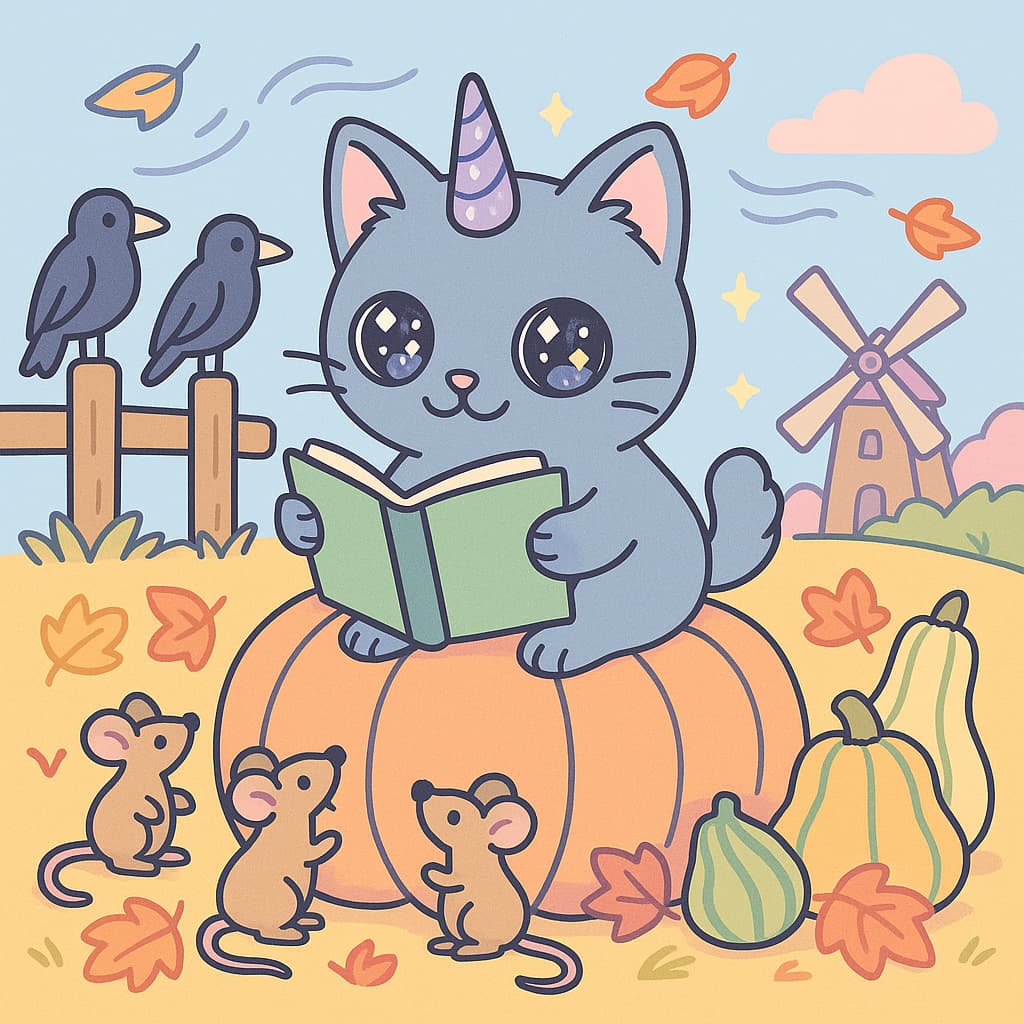 Dessin de chat licorne lisant sur une citrouille avec des amis d'automne