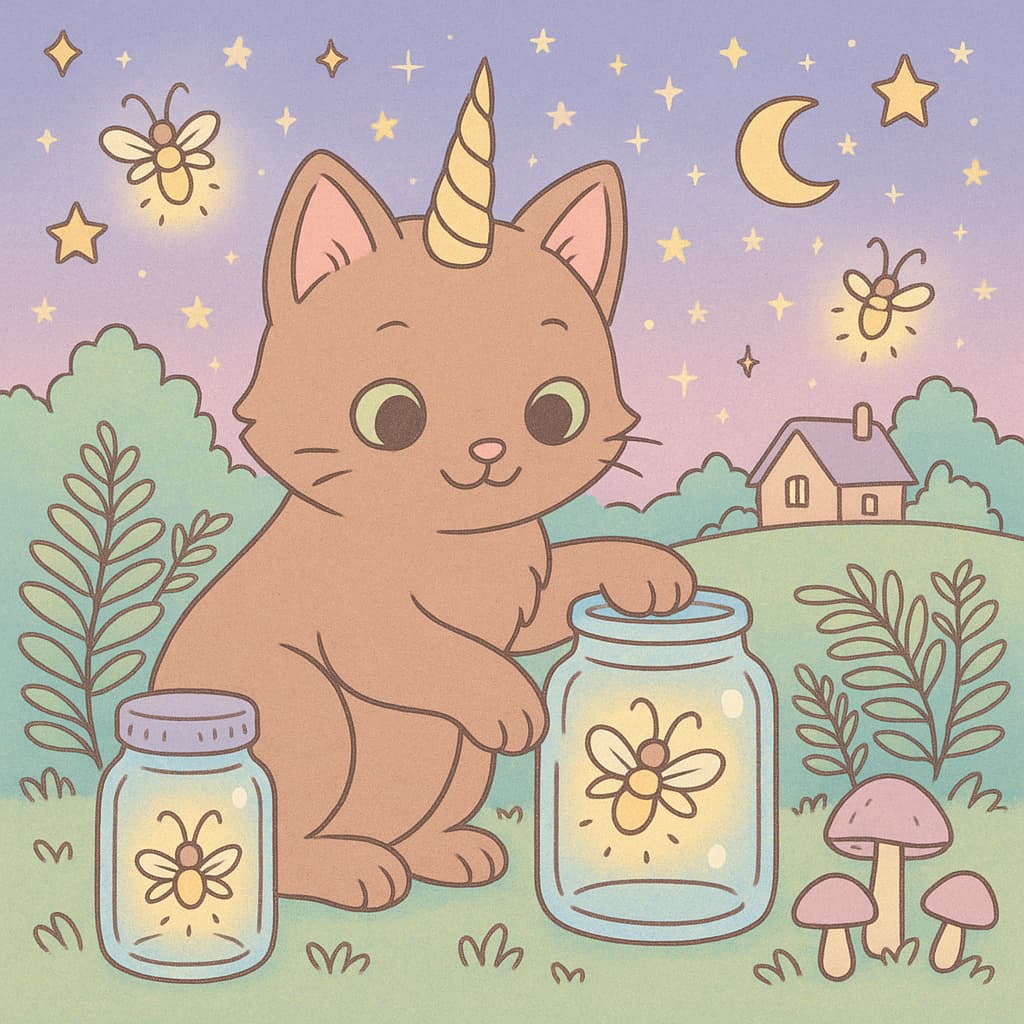 Dessin de chat licorne attrapant des lumières avec des bocaux dans la prairie