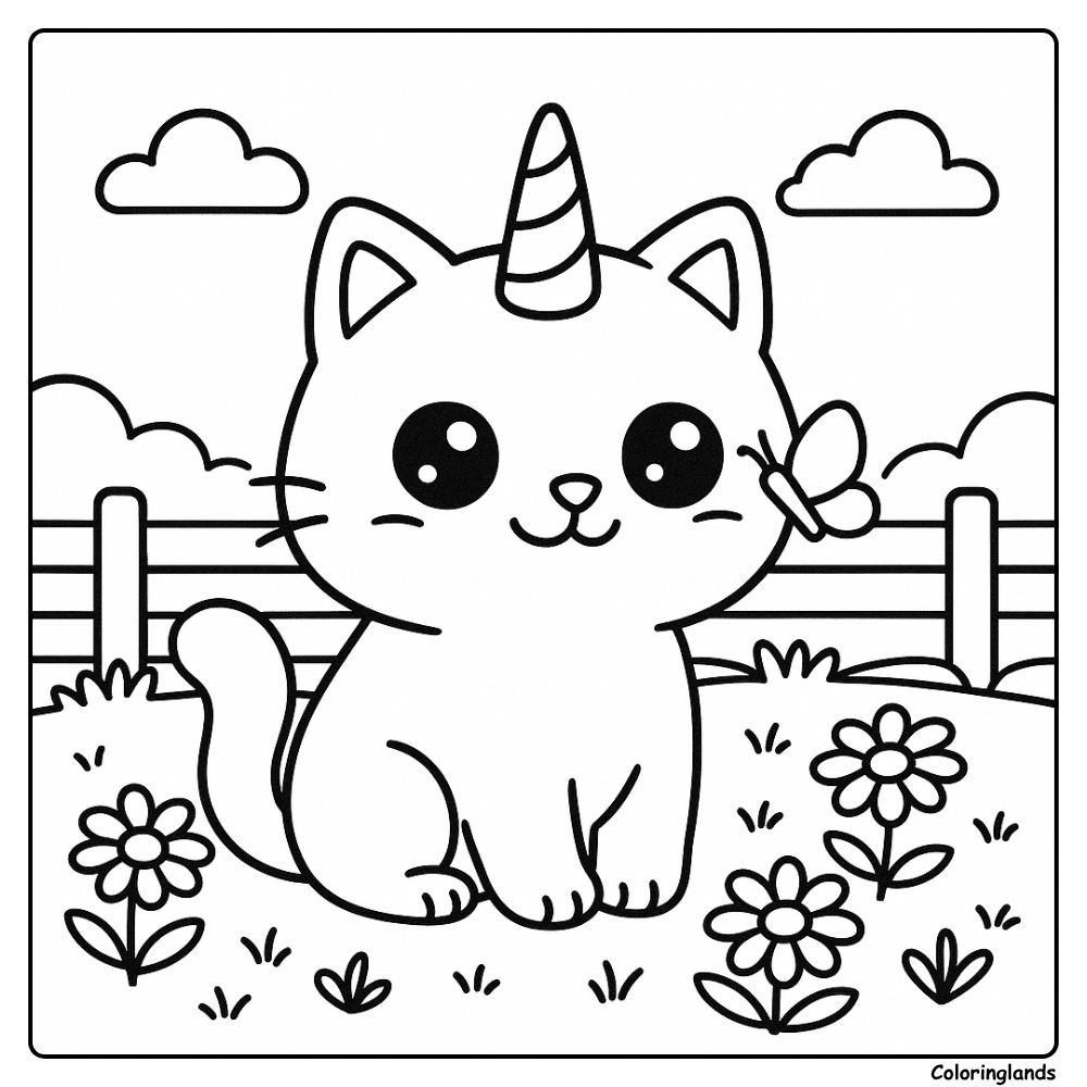 Scène de coloriage chat licorne dans un jardin lumineux
