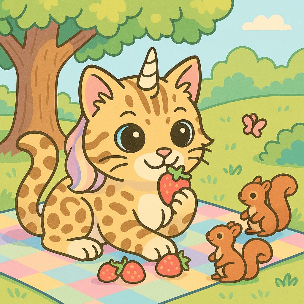 Dessin de chat licorne savourant des fraises sur une nappe