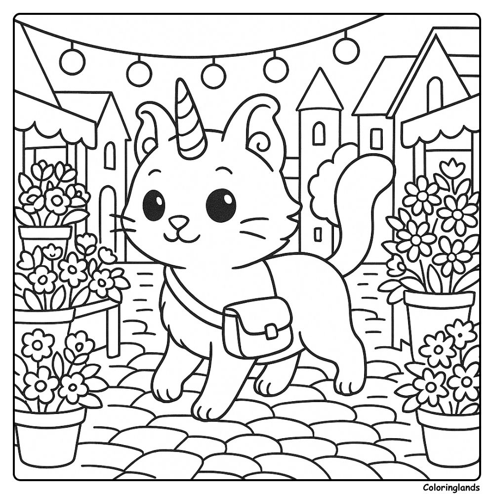 Coloriage chat licorne avec lumières de boutique et pavés