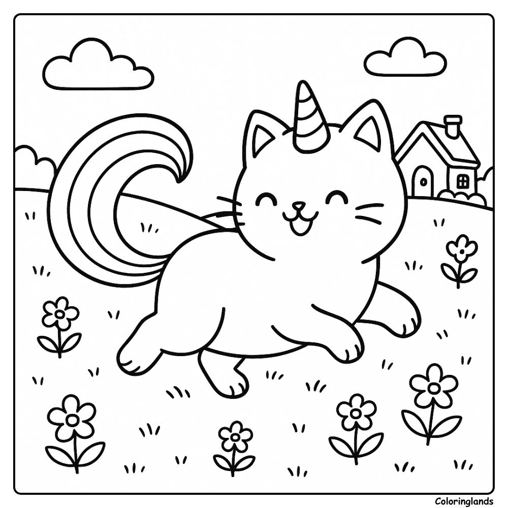 Coloriage chat licorne avec cottage, nuages et fleurs