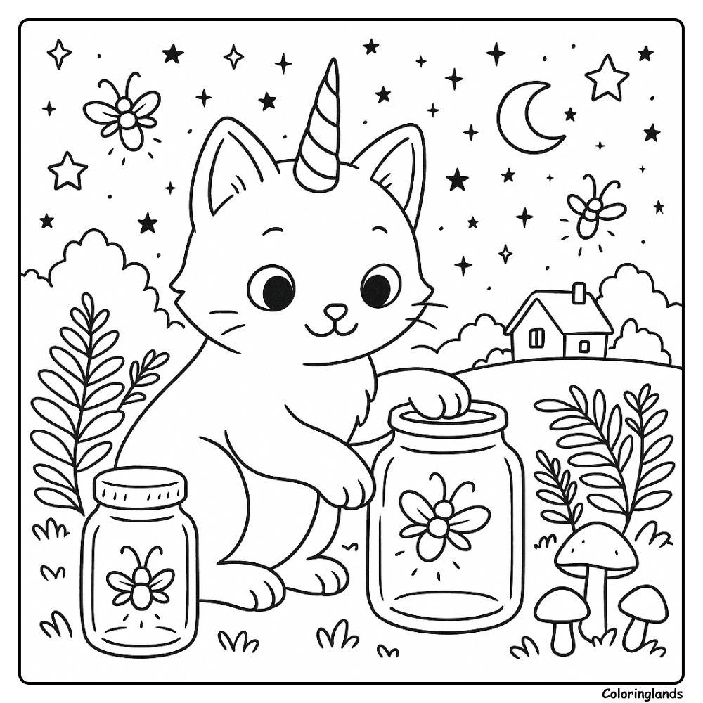 Coloriage chat licorne sous la lumière des étoiles