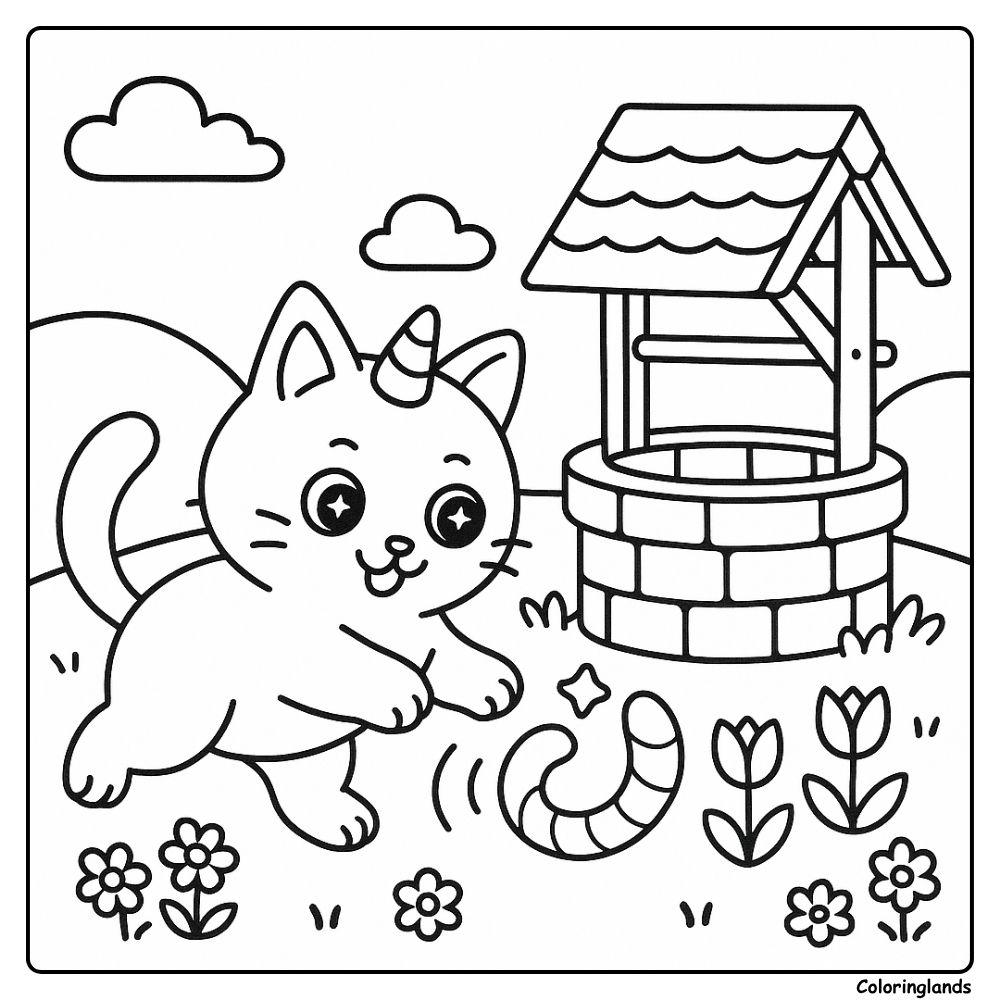 Scène de coloriage chat licorne kawaii au printemps