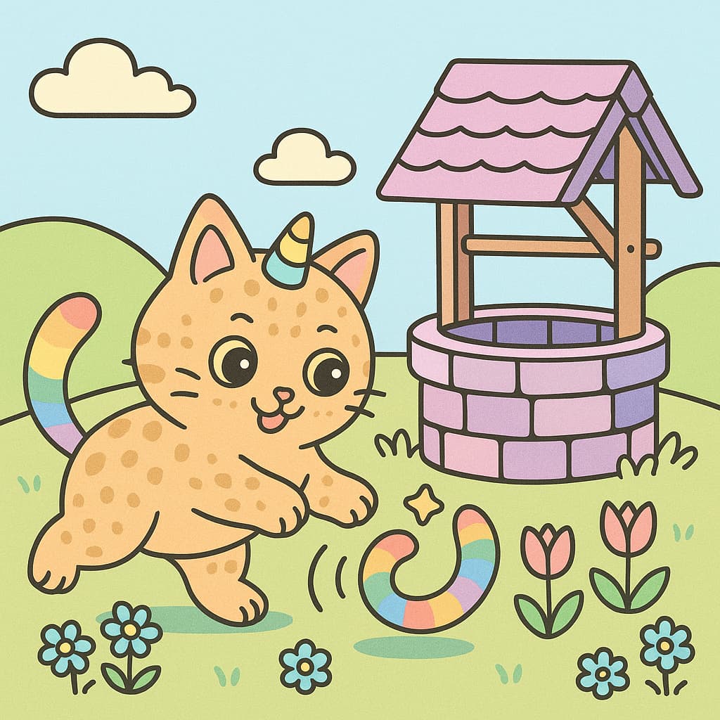 Dessin de chat licorne avec jouet arc-en-ciel près du puits