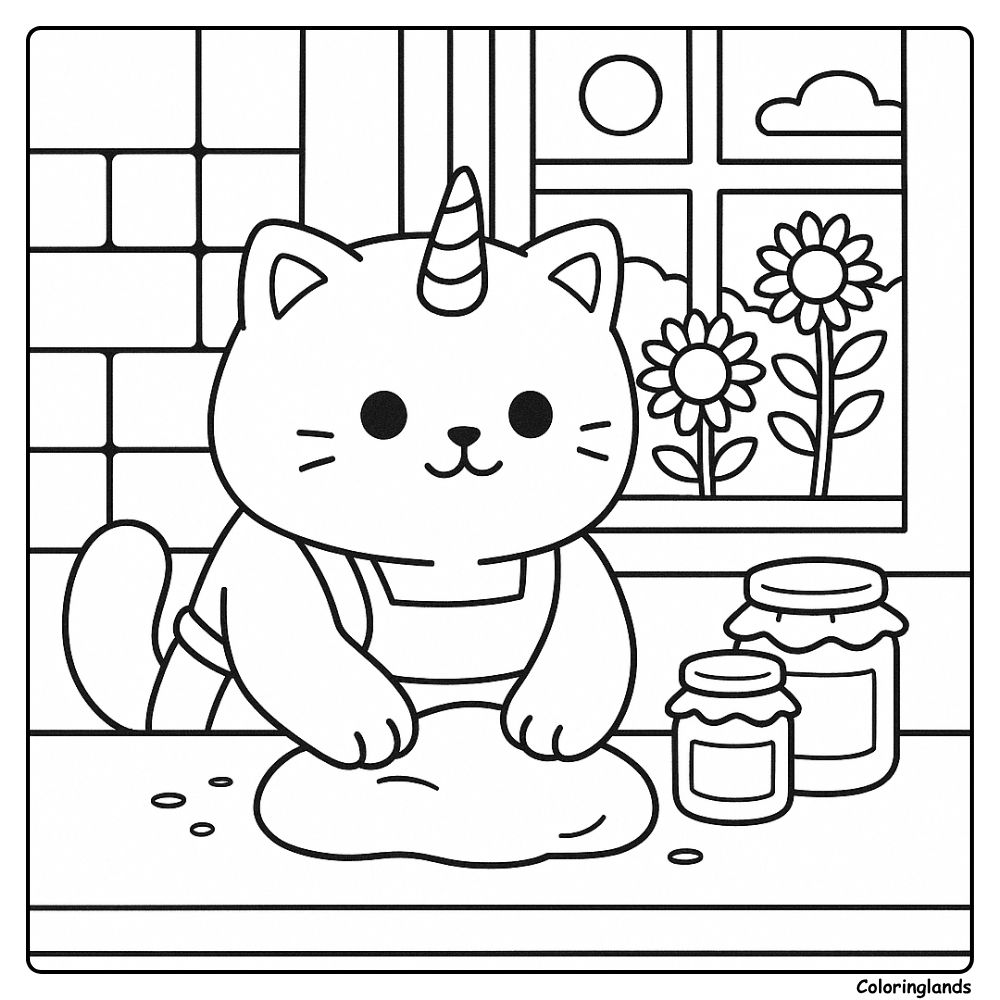 Coloriage chat licorne près des bocaux et fleurs à la fenêtre