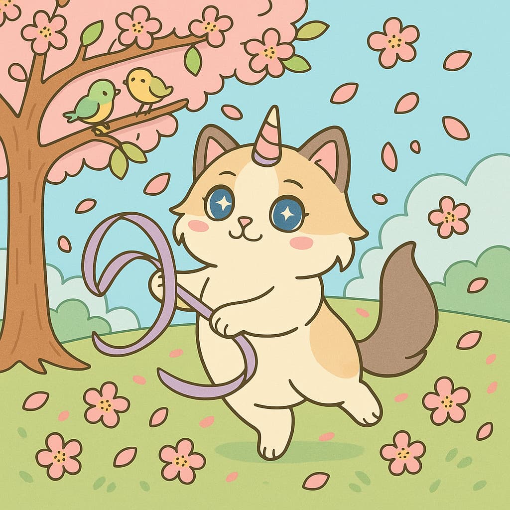 Dessin de chat licorne jouant avec un ruban près d'un cerisier